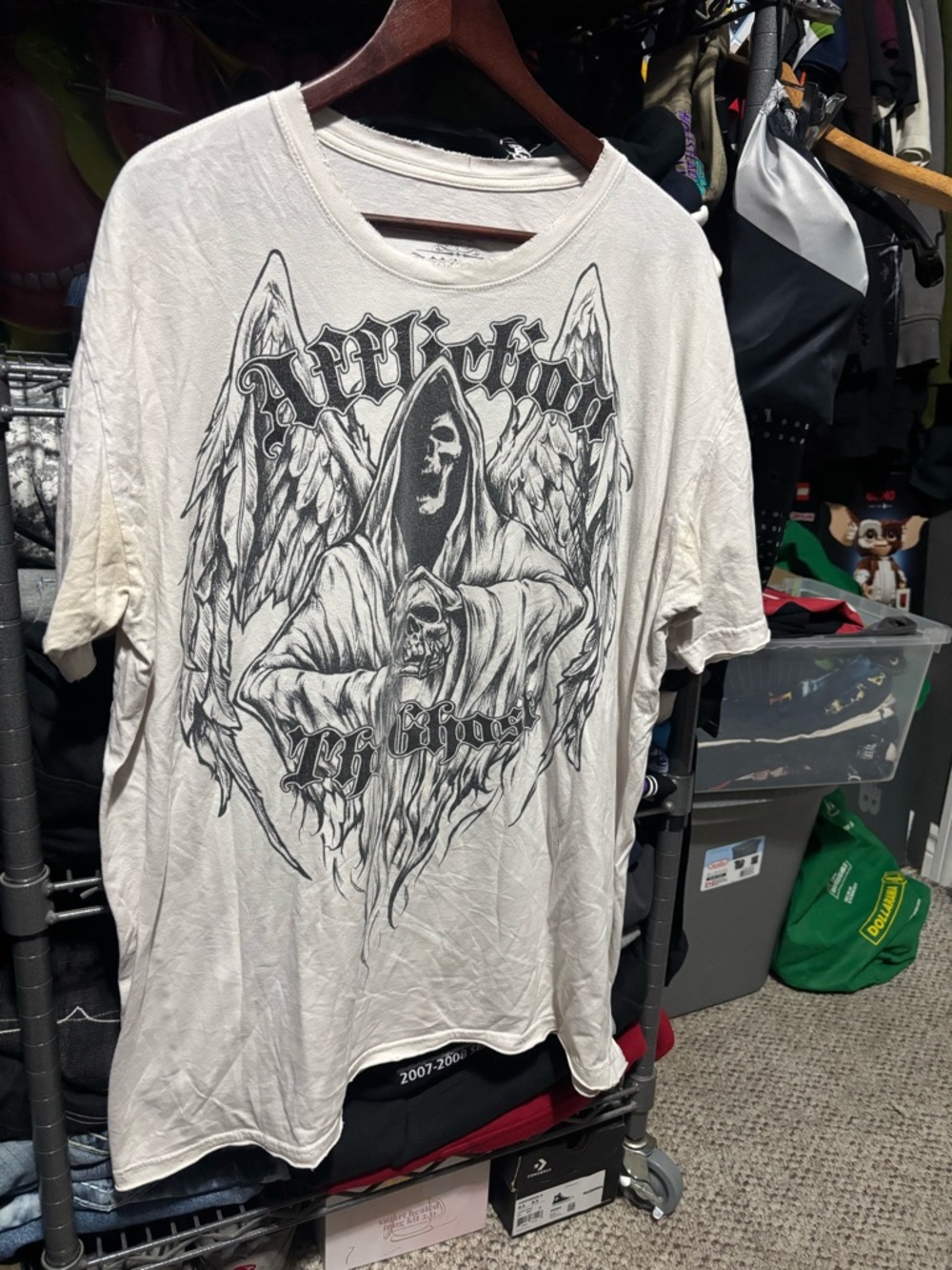 Affliction Off-White Short Sleeve Graphic Tee with Black Gothic Print